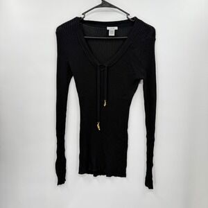 Cache Black Long Sleeve Ribbed Knit V Neck Tie Detail Sweater Womens Size M